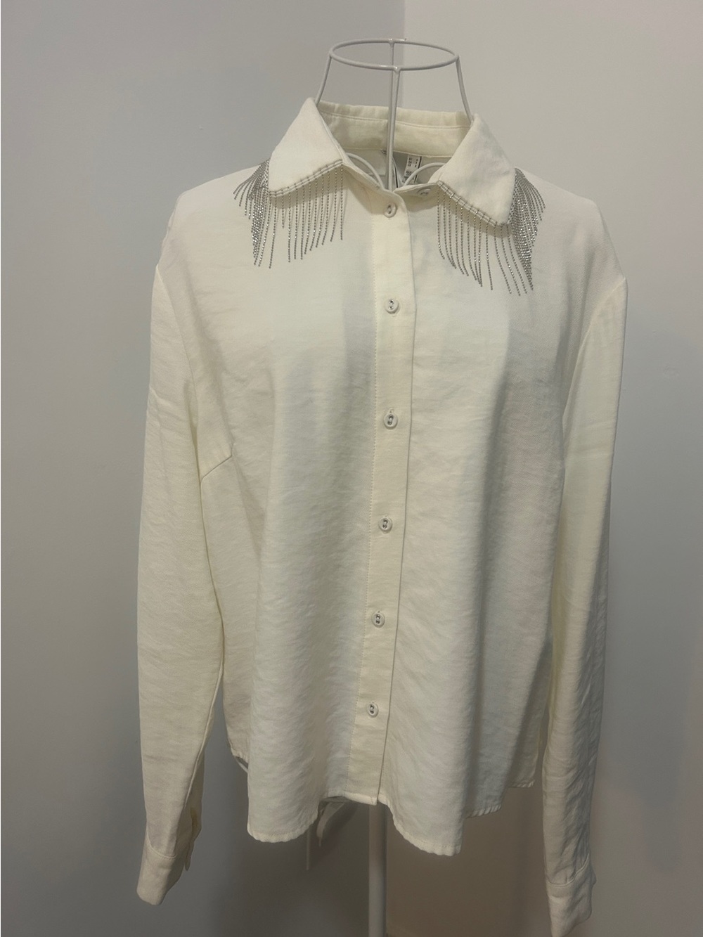Y.A.S Women's White Rhinestone Fringe Collar Long Sleeve Button Down Shirt Sz S